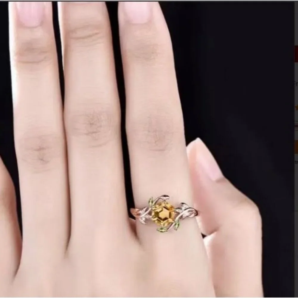 Hexagon Cut Citrine & Peridot Engagement Bridal Ring in Timeless rose gold